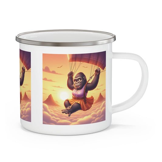 This adventurous enamel mug features a fun design of a joyful female gorilla skydiving, perfect for women who love parachuting. Ideal for camping, hiking, outdoor or home use. Ideal gift for animal and nature lovers, it combines fun, function, and inspiration to chase new heights every day. BUY NOW! (SK Superb)