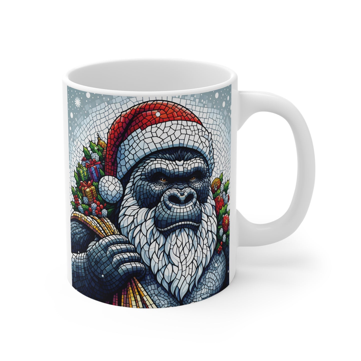 Elevate your holiday spirit with our unique mosaic style "Festive Gorilla Santa 11oz Mug", making it a standout piece in any kitchen or office. Whether you're treating yourself or looking for a memorable gift, this Gorilla Santa mug is sure to bring a smile to anyone's face. BUY NOW! (SK Superb)