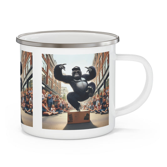 A fun and practical "Breakdancing Gorilla" Enamel Camping Mug captivating a crowd in the heart of the city. Perfect for camping, hiking, outdoor lover and any adventure. An ideal mug gift for friends, family, hip hop fan, anyone who loves street-style art, or yourself. BUY NOW! (SK Superb)