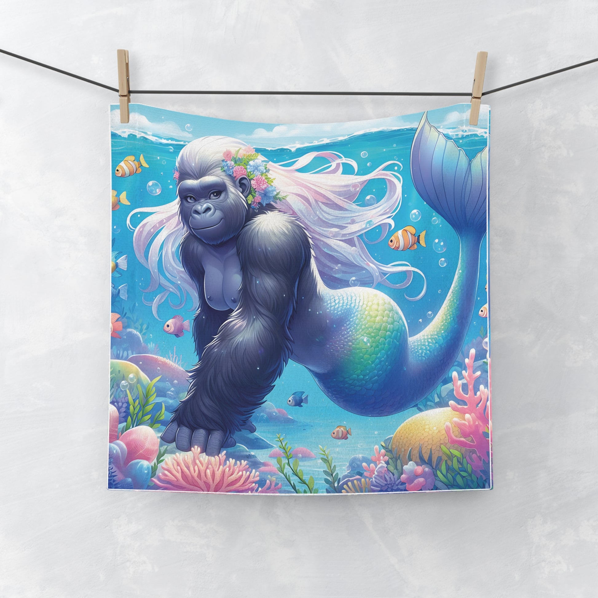 Our "Majestic Ocean Gorilla Mermaid Face Towel" is a standout piece in your bathroom decor. Whether you're treating yourself or looking for the perfect gift, this gorilla mermaid face towel is sure to impress. For animal and art lovers. BUY NOW! (SK Superb)