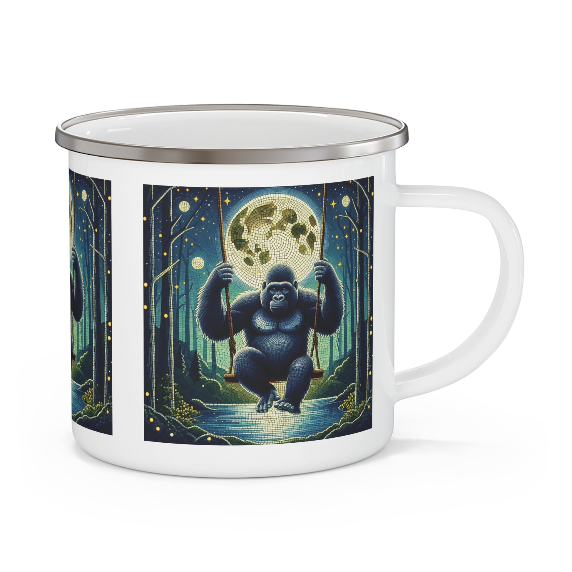 Embrace the serene beauty of nature with our Enamel Camping Mug of a gorilla swinging under a full moon in a mosaic style. Ideal for outdoor enthusiasts, campers, nature lovers, hiking. Gifting to friends and family. BUY NOW! (SK Superb)
