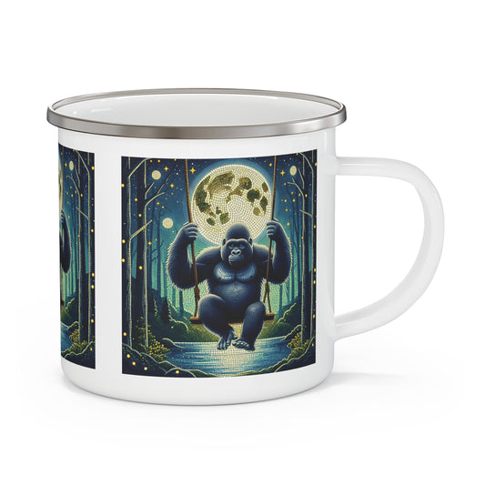 Embrace the serene beauty of nature with our Enamel Camping Mug of a gorilla swinging under a full moon in a mosaic style. Ideal for outdoor enthusiasts, campers, nature lovers, hiking. Gifting to friends and family. BUY NOW! (SK Superb)
