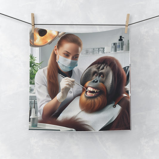 A practical and decorative piece for your bathroom decor with our "Dentist Orangutan Face Towel," featuring an orangutan at the dentist. Ideal for daily use as a face/hand towel, or gym towel. Great gift for dentists, animal lovers, and anyone who loves unique home decor. BUY NOW! (SK Superb)