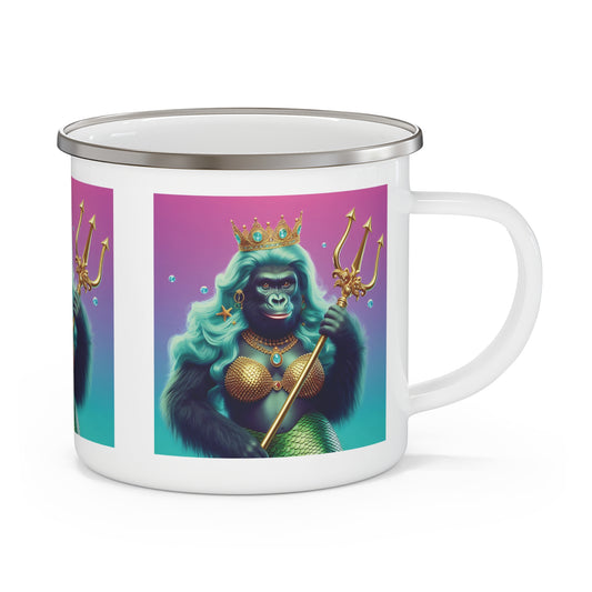 Our oceanic fantasy enamel camping mug of a "Regal Gorilla Mermaid Queen". An artistic elegant mug for outdoor adventures, camping trips, hikes, or home use. Ideal gift for fantasy art, gorillas, animal, outdoor lovers, or mermaid-themed decor, friends, family, or anyone who enjoys whimsy designs. BUY NOW! (SK Superb)
