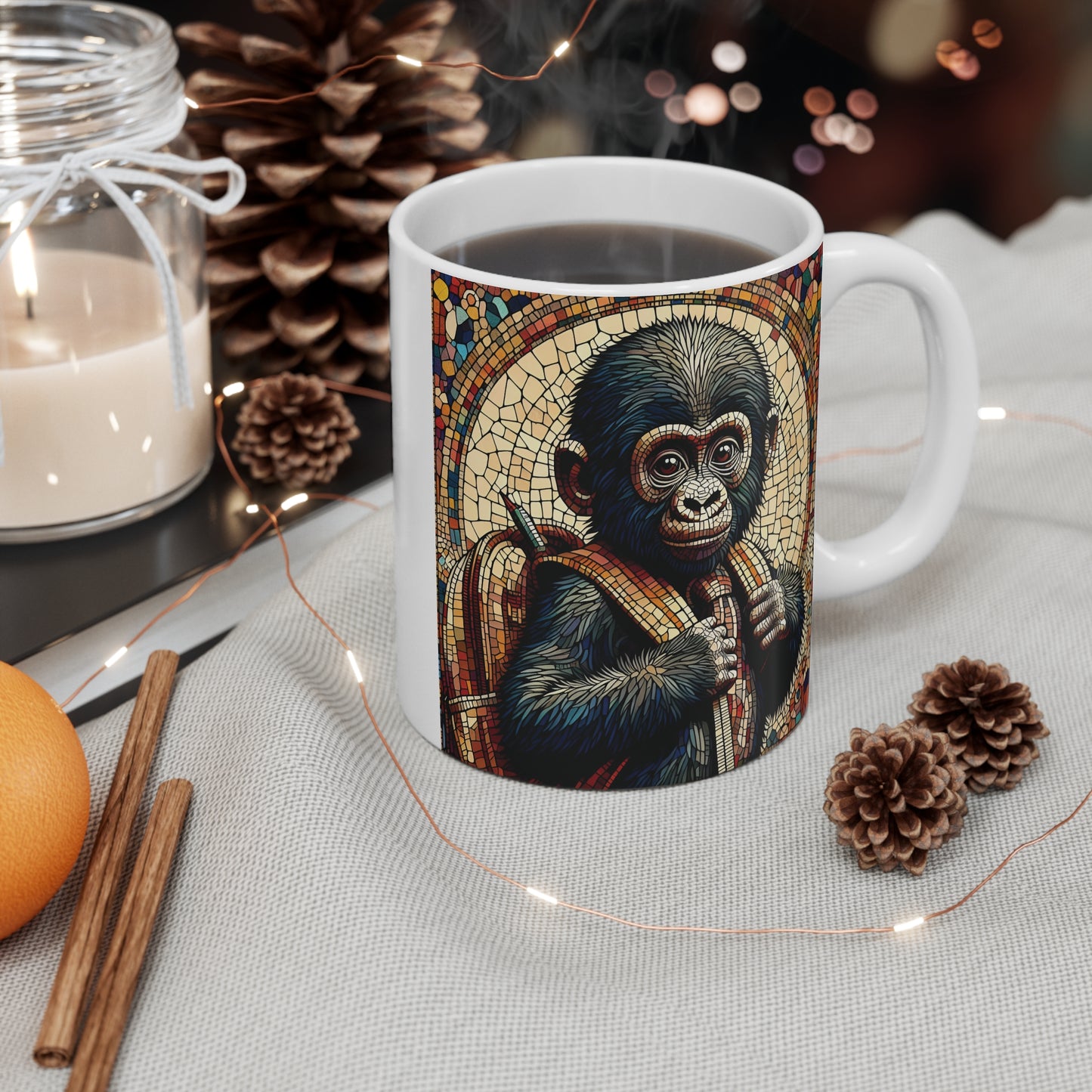 Vibrant Mosaic Art Baby Monkey School Day 11oz Mug - For Students/Teachers