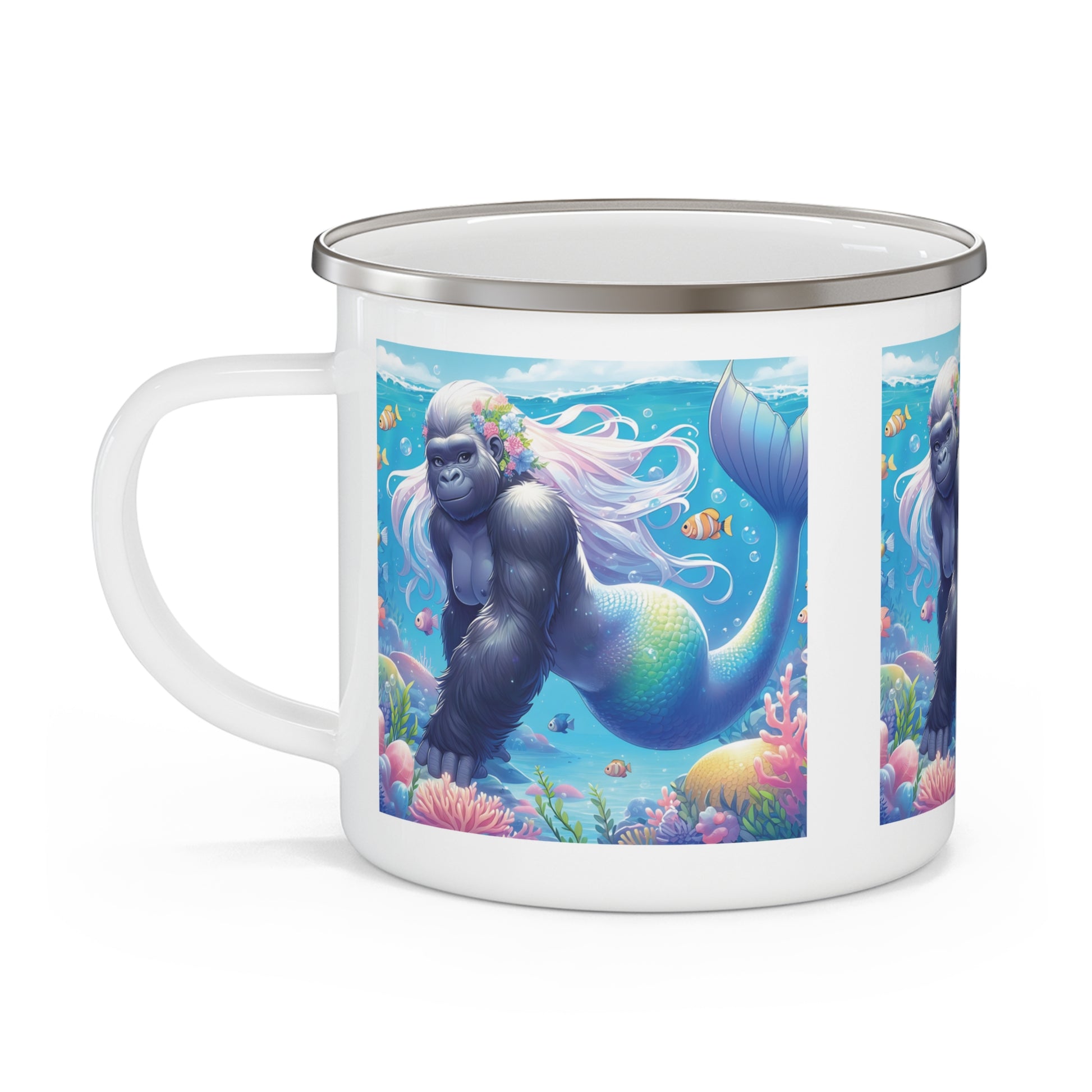 Underwater Fantasy Gorilla Mermaid Enamel Camping Mug - Ocean & Adventure Lovers