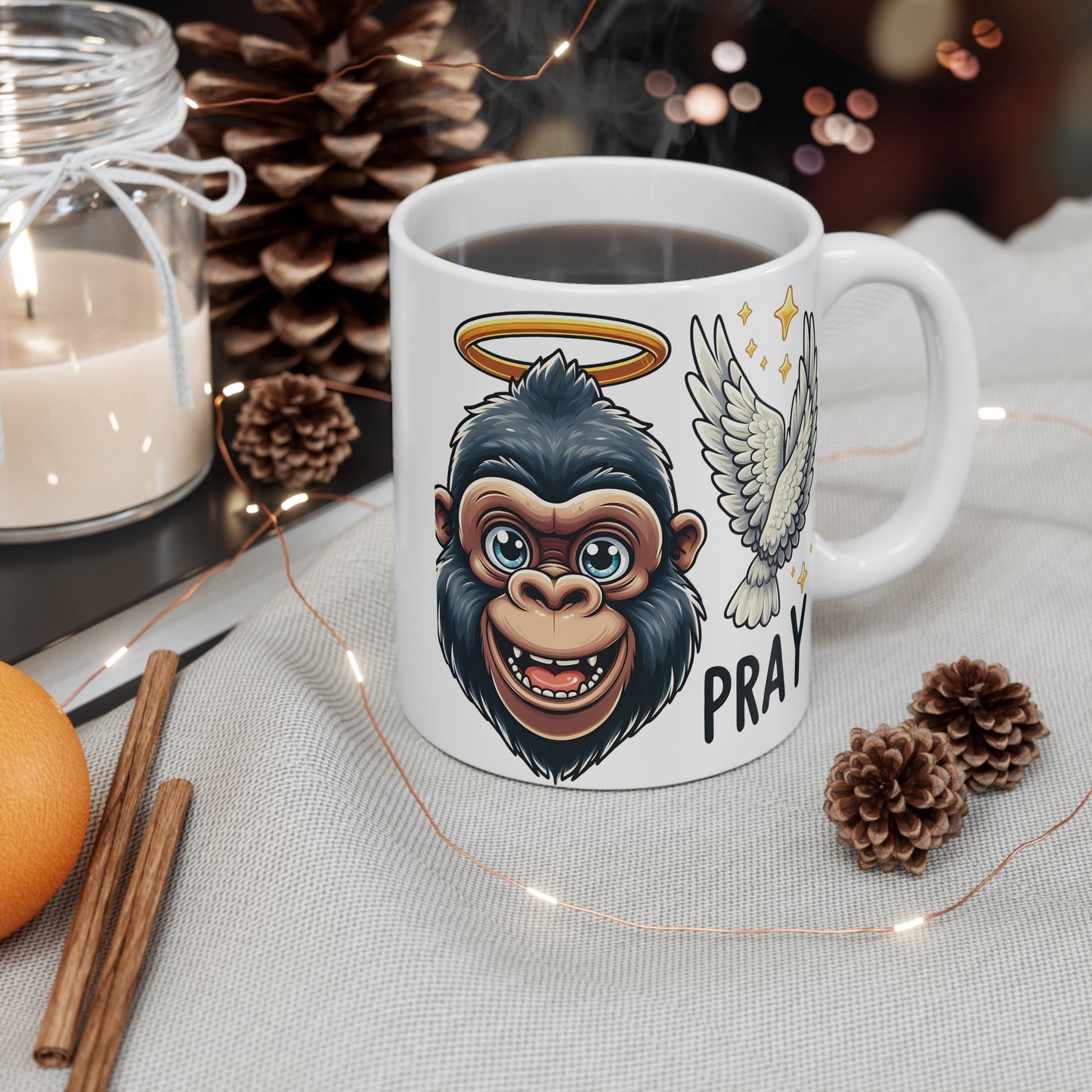 Inspirational Cartoon "Pray" Gorilla Angel 11oz Mug