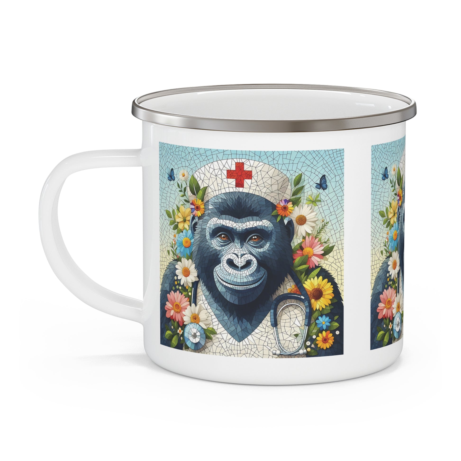 Flowery Mosaic Gorilla Nurse Enamel Camping Mug - Animal Lovers