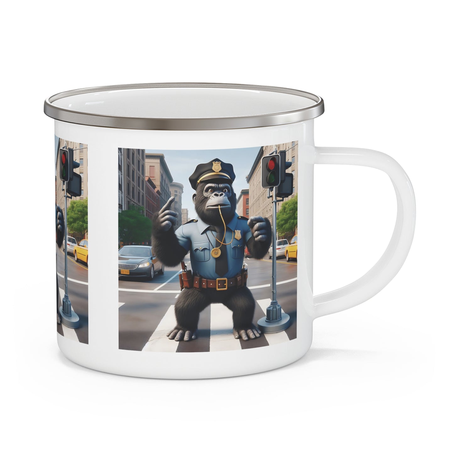 Our fun animal themed enamel camping mug of a playful gorilla traffic cop design. Perfect for camping, hiking, or everyday use. A great gift for outdoor lovers and adds a quirky touch to any adventure. A functional mug for your outdoor activities or home use. BUY NOW! (SK Superb)