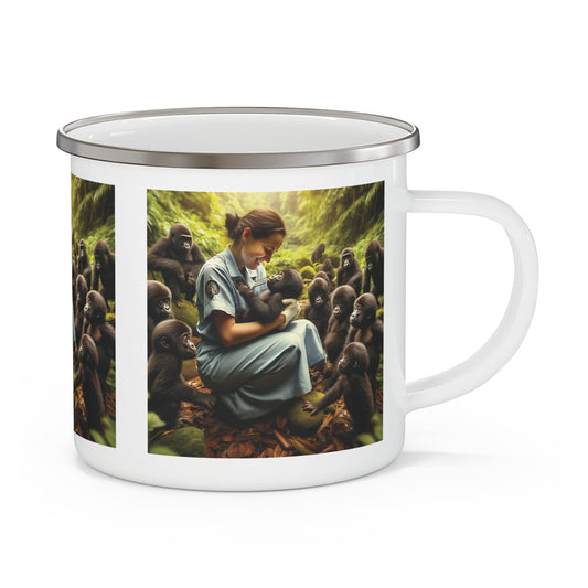 Our uplifting camping mug with a loving nurse nurturing baby gorillas in a forest, capturing the essence of wildlife conservation and the bond between humans and animals. Ideal gift for nature, animal lovers, and healthcare. This mug is perfect for outdoor adventures, hiking, camping, or home use. BUY NOW! (SK Superb)