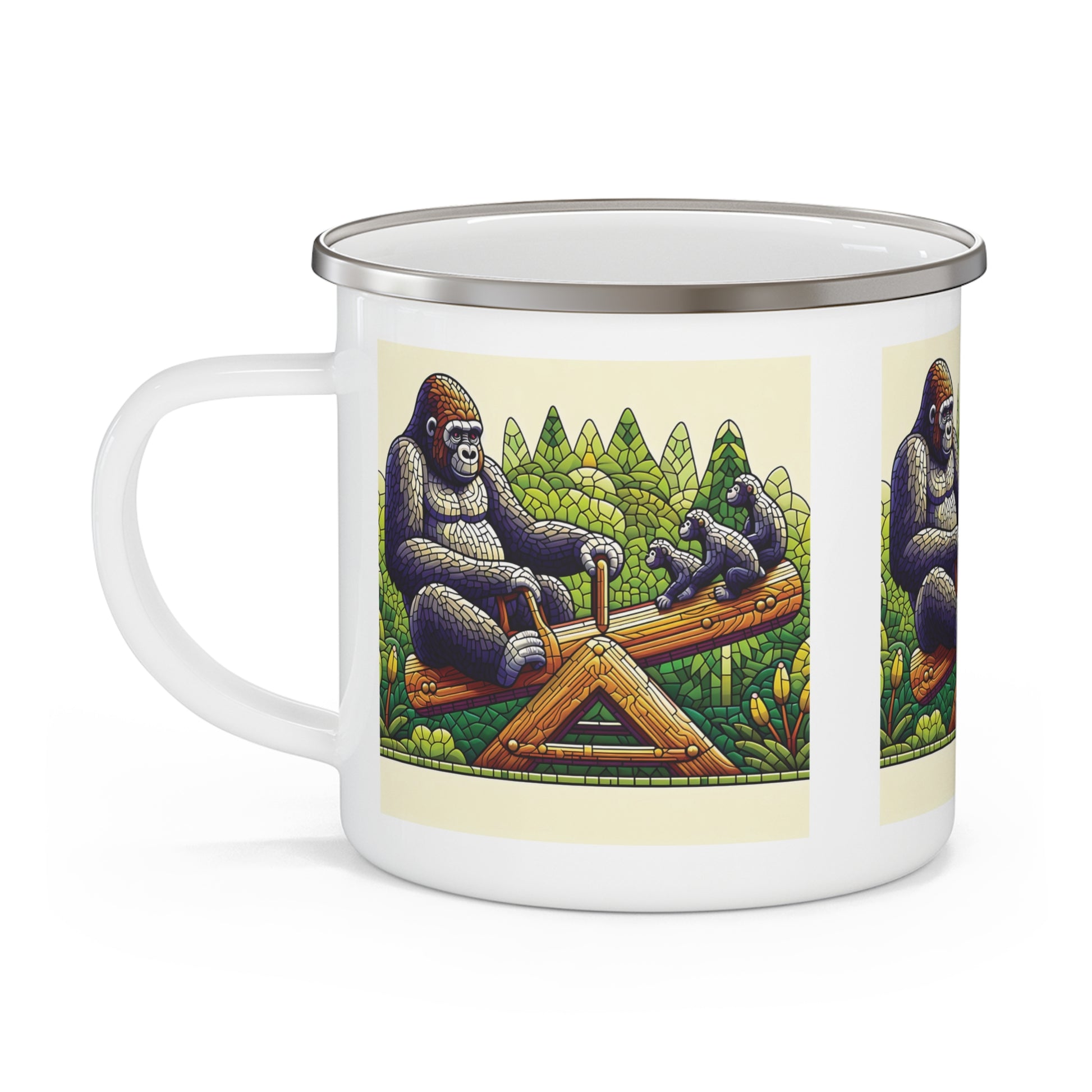 Gorilla Family Seesaw Mosaic Design Enamel Camping Mug