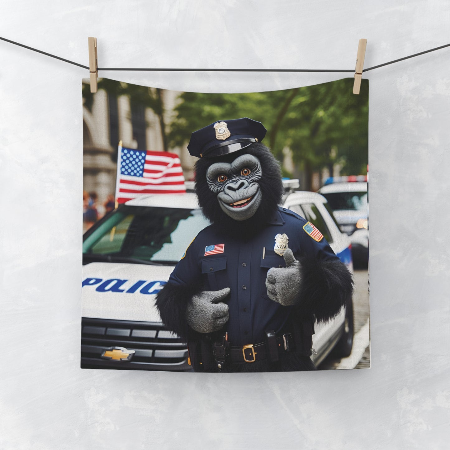 Celebrate and honor the dedicated service of law enforcement with our "Cheerful Gorilla Police Officer Face Towel". Perfect for showcasing your respect for police contributions to society. A functional face towel for daily use, whether at home, the gym, or on-the-go. BUY NOW! (SK Superb)