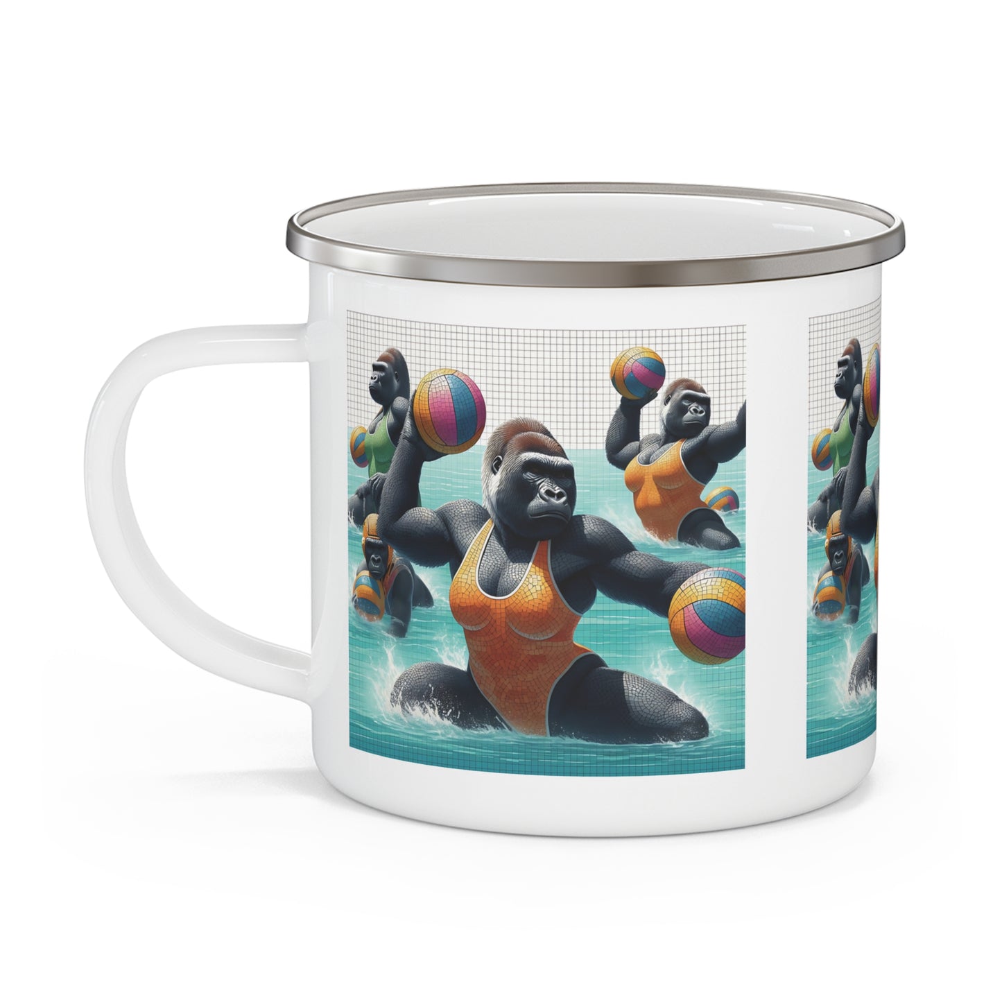 Fun Female Gorilla Water Polo Enamel Camping Mug – Playful Animal Sports Design