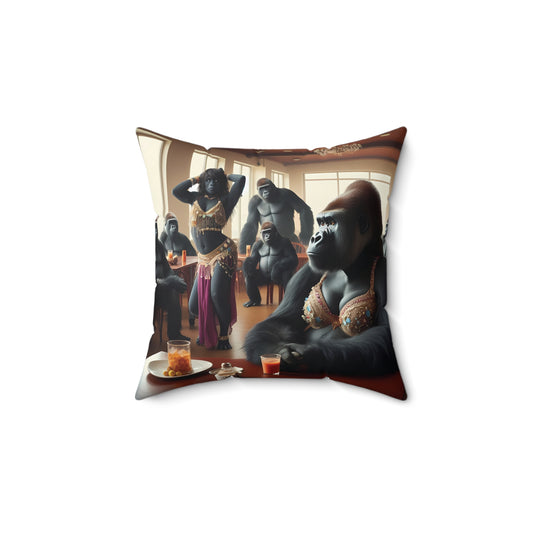 Add a touch of wild elegance to your decor with the "Gorilla Belly Dancer in Bar Pillow". A captivating pillow of gorillas in a bar setting, with one gorilla belly dancing. Perfect for those who appreciate artful whimsy. BUY NOW and bring a bit of jungle fun into your home and office! (SK Superb)