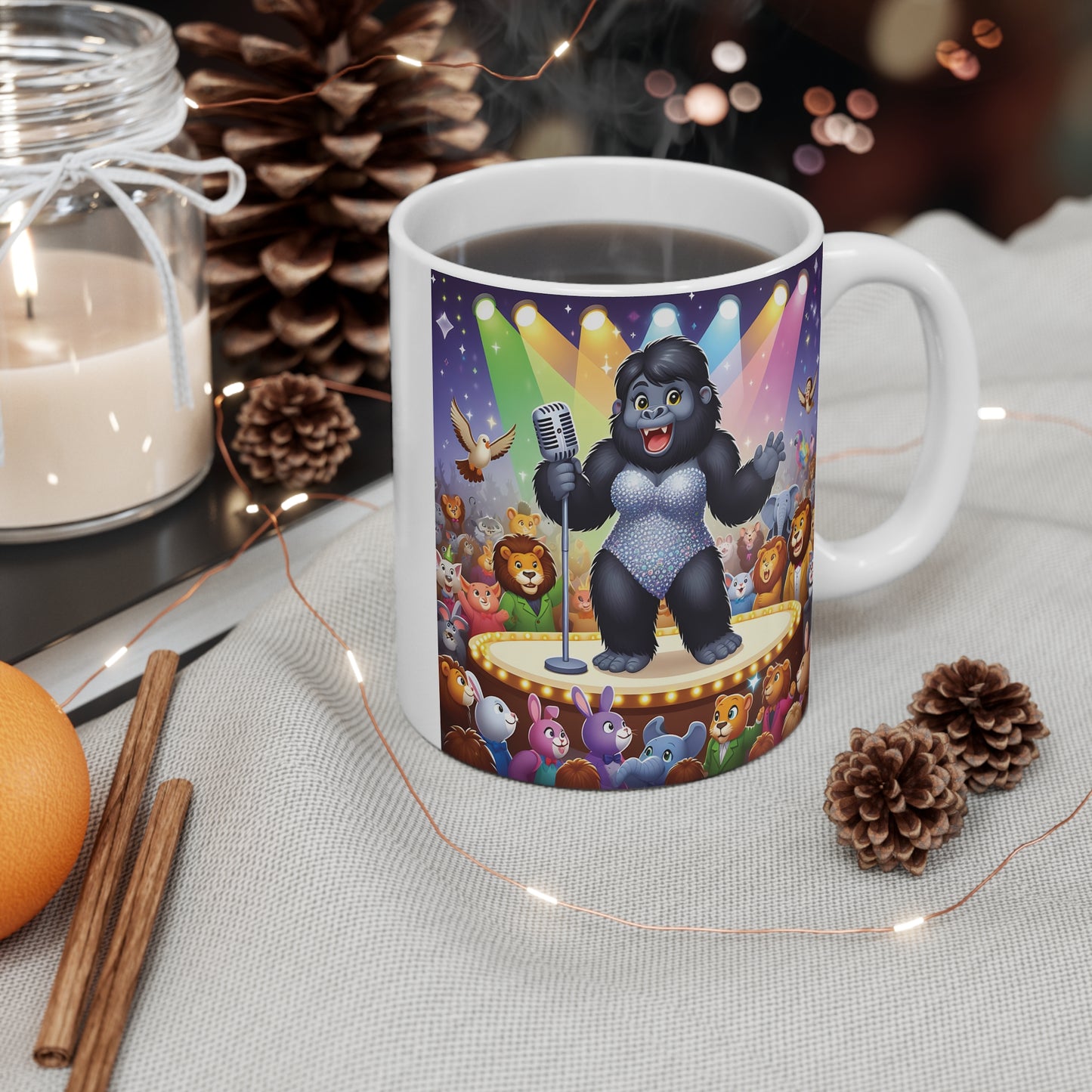 Cartoon Animal Audience & Gorilla Diva Singer 11oz Mug - Music Lovers