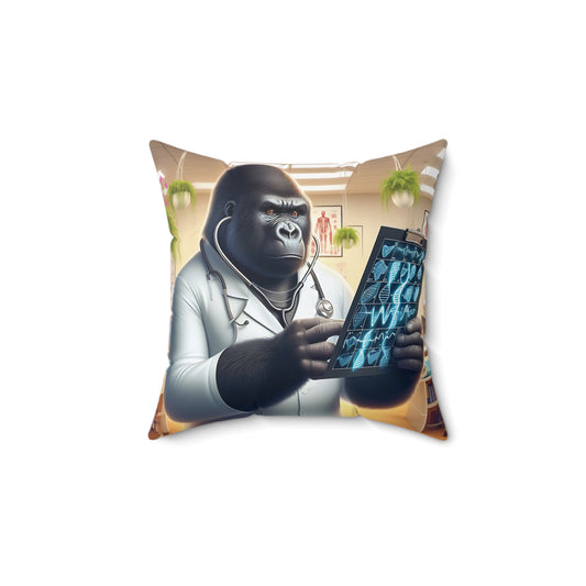 Pay homage to the amazing job done by human radiographers with this charming "Radiographer Gorilla Pillow". The pillow design showcases the gorilla's serious expression and professional medical attire in a modern medical office. Ideal for animal lovers, medical professionals, for home and office decor. (SK Superb)