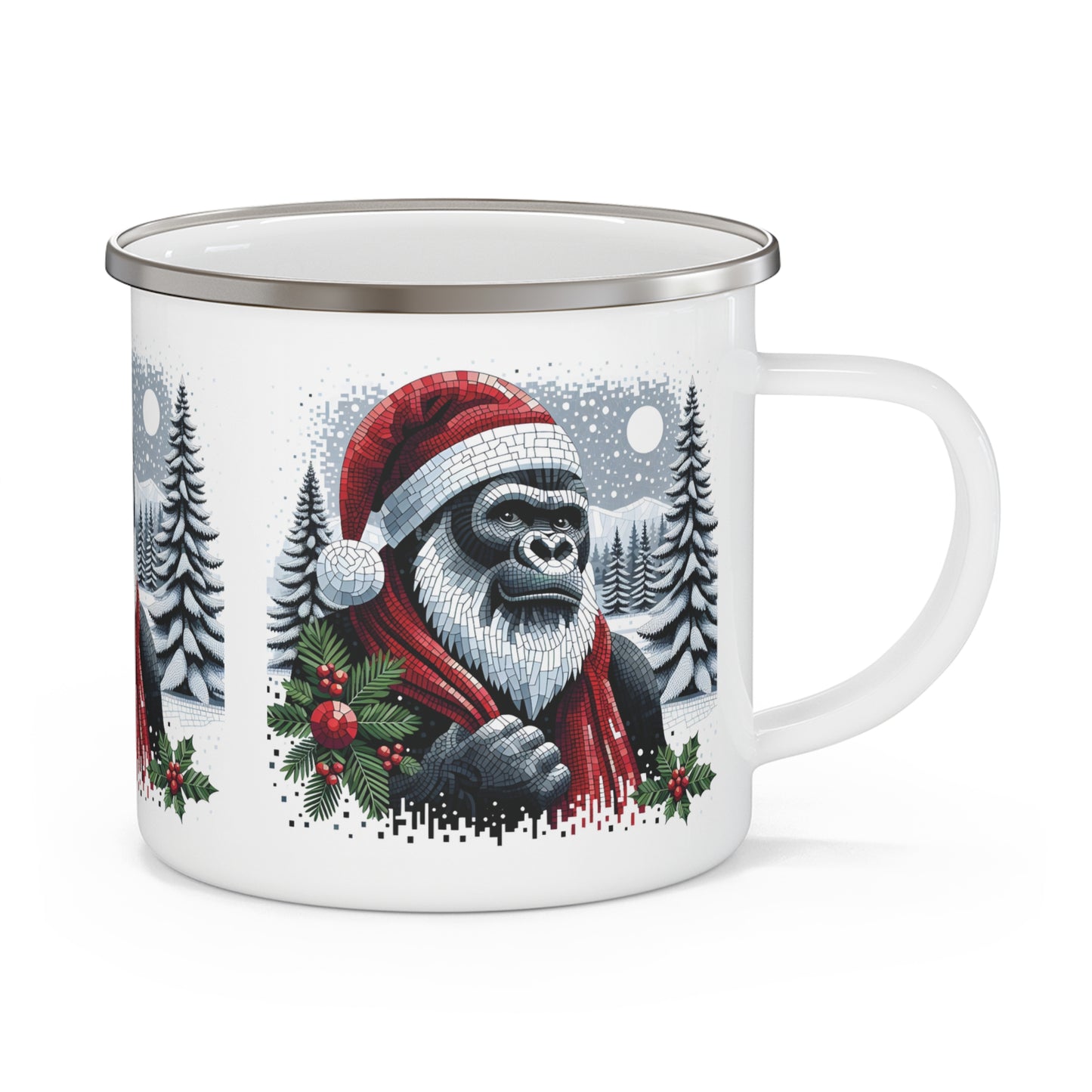 Add a touch of whimsy warmth and holiday cheer with our mosaic artwork "Festive Gorilla Santa" Camping Mug, captures the magic and joy of Christmas. Ideal mug for camping trips, hikes, or any festive gathering, indoor and outdoor use. Gift for gorilla lovers, campers, or for yourself. BUY NOW! (SK Superb)