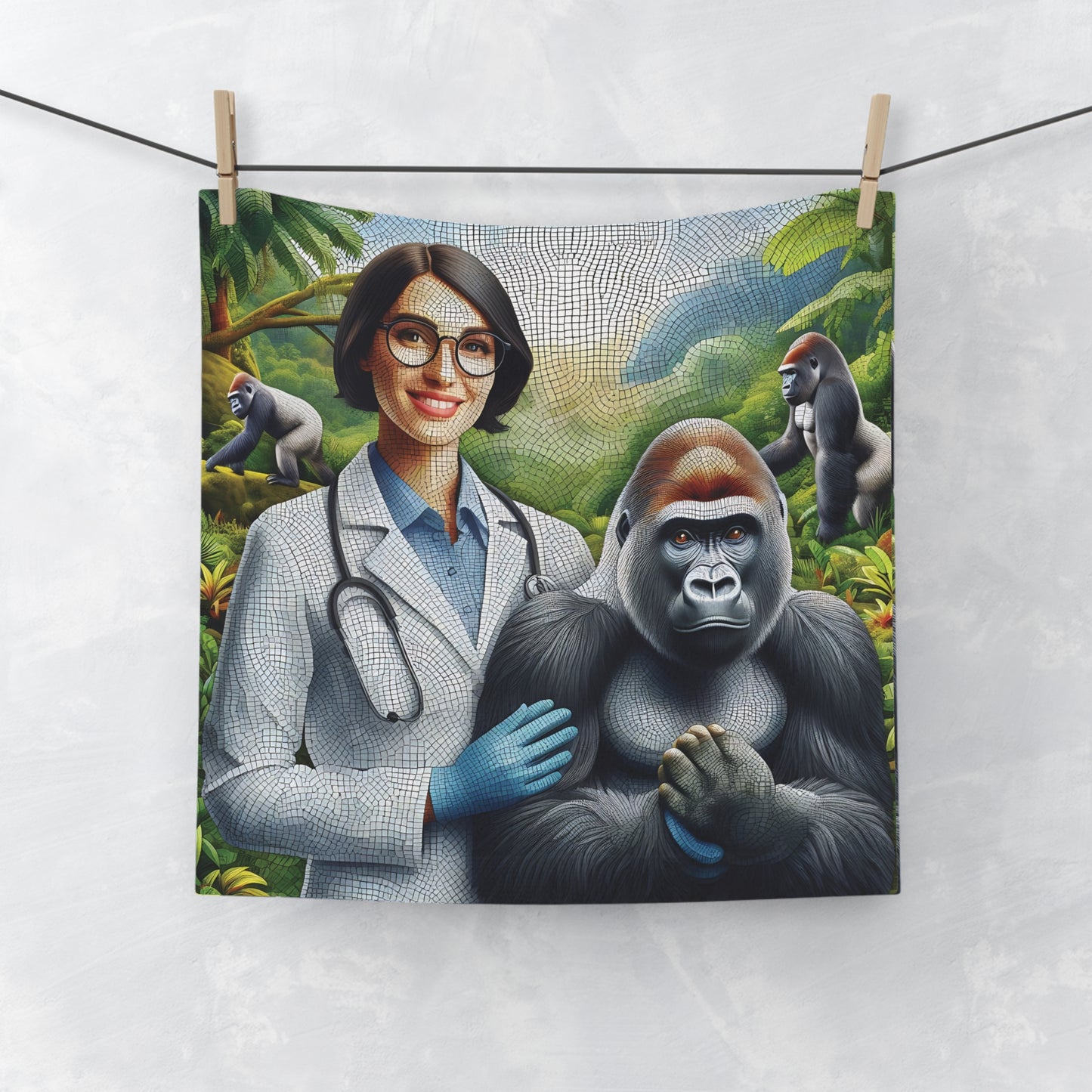 A mosaic design TOWEL of the harmonious interaction between the gorilla and the vet. Ideal for animal/wildlife lovers, and art aficionados. A thoughtful gift for birthdays, holidays, or any special occasion. Use it at home, in the gym, or travels to enjoy a touch of nature and creativity. BUY NOW! (SK Superb)