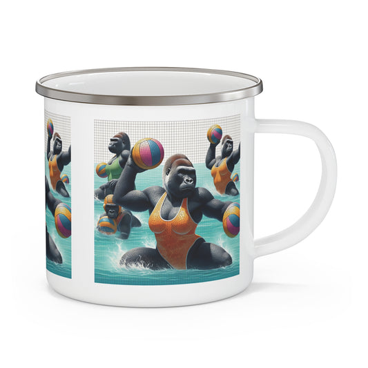 Enjoy your outdoor adventures with this Enamel Mug of playful design female gorillas in swimsuits playing water polo. Perfect for camping, hiking, or everyday use. A mug for animal and sports lovers, a unique and practical choice for anyone who appreciates whimsical, colorful designs. BUY NOW! (SK Superb)