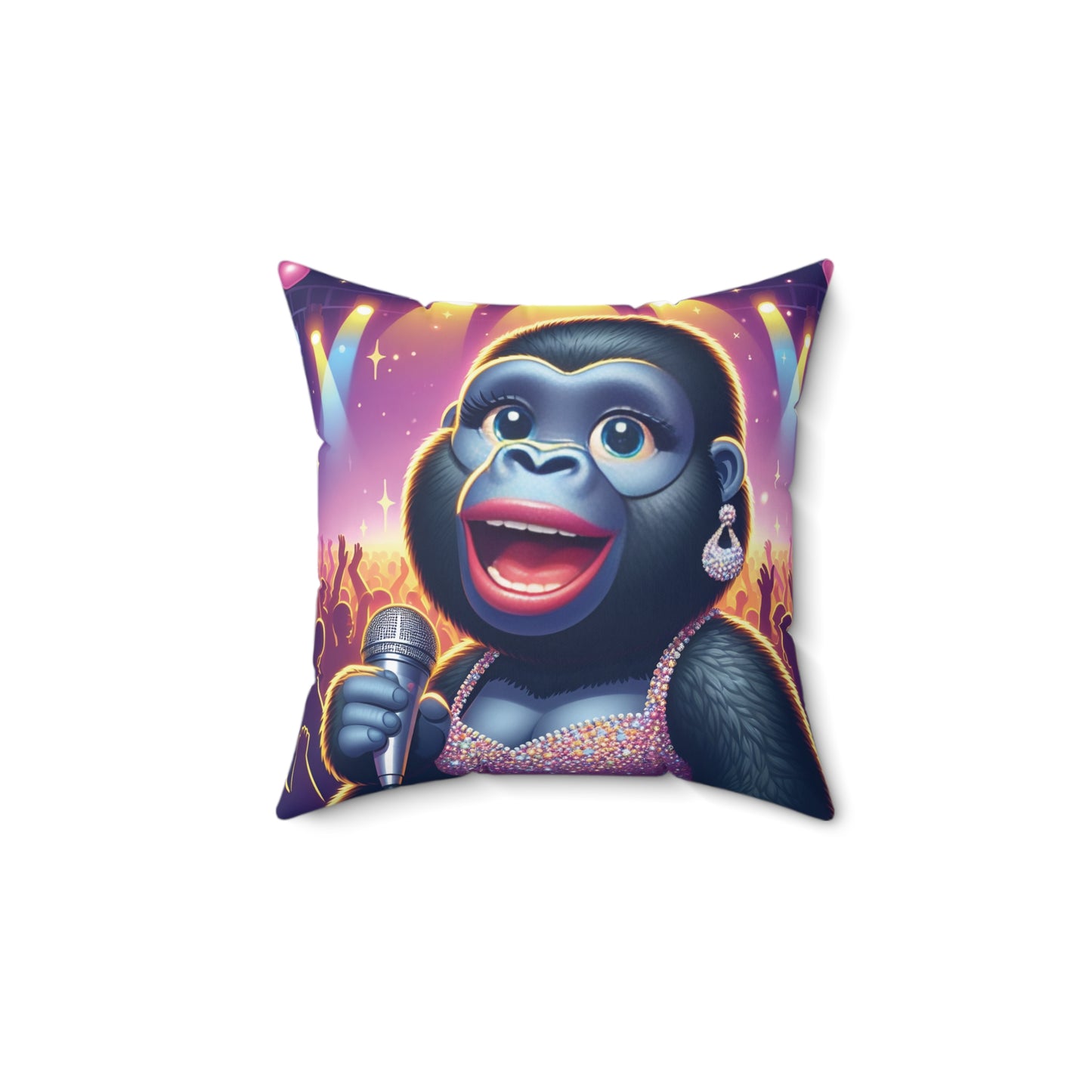 Bring the spotlight into your home with our "Diva Gorilla on Stage Pillow." This dazzling pillow features a singer gorilla captivating an adoring crowd. Perfect for music lovers and fans of unique home decor. Order yours today and let the music play! (SK Superb)