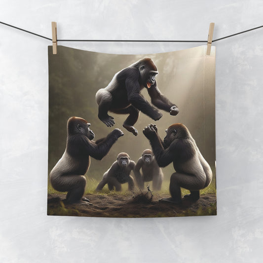 Our "Gorilla Gathering Face Towel" showcases a wildlife art scene with gorillas in a dynamic gathering. A face towel combines functionality with nature elegance for your bathroom or gym bag. An excellent gift for wildlife enthusiasts and artistic home accessories. BUY NOW! (SK Superb)