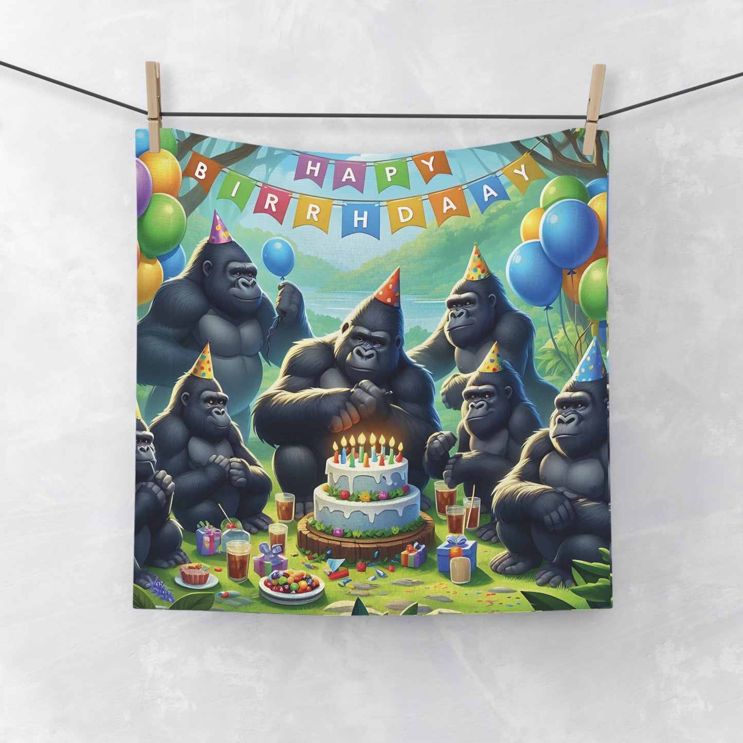 Bring a touch of fun with our playful "Happy Birthday Gorilla Celebration Face Towel," both functional and decorative. Great for birthdays, animal lovers, and anyone who enjoys quirky home decor. Ideal for bathroom, kitchen, gym, or travel. BUY NOW! (SK Superb)