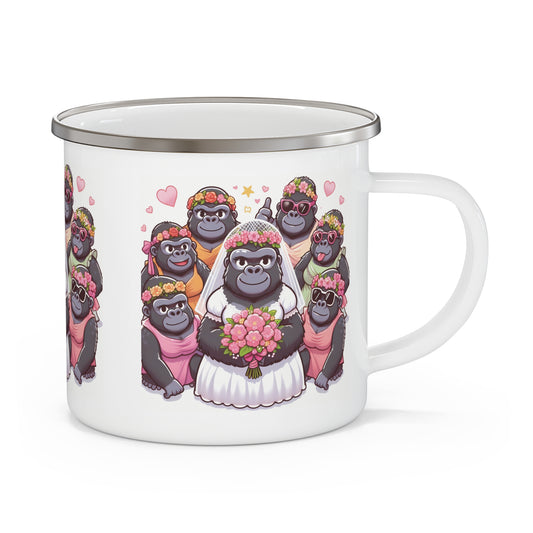 Celebrate love and friendship with our cartoon design Gorilla Bride & Bridesmaids Enamel Camping Mug! This mug is ideal for camping trips, picnics, travel, and daily use. Perfect for wedding gifts, bridal party favors and animal lovers. BUY NOW! (SK Superb)