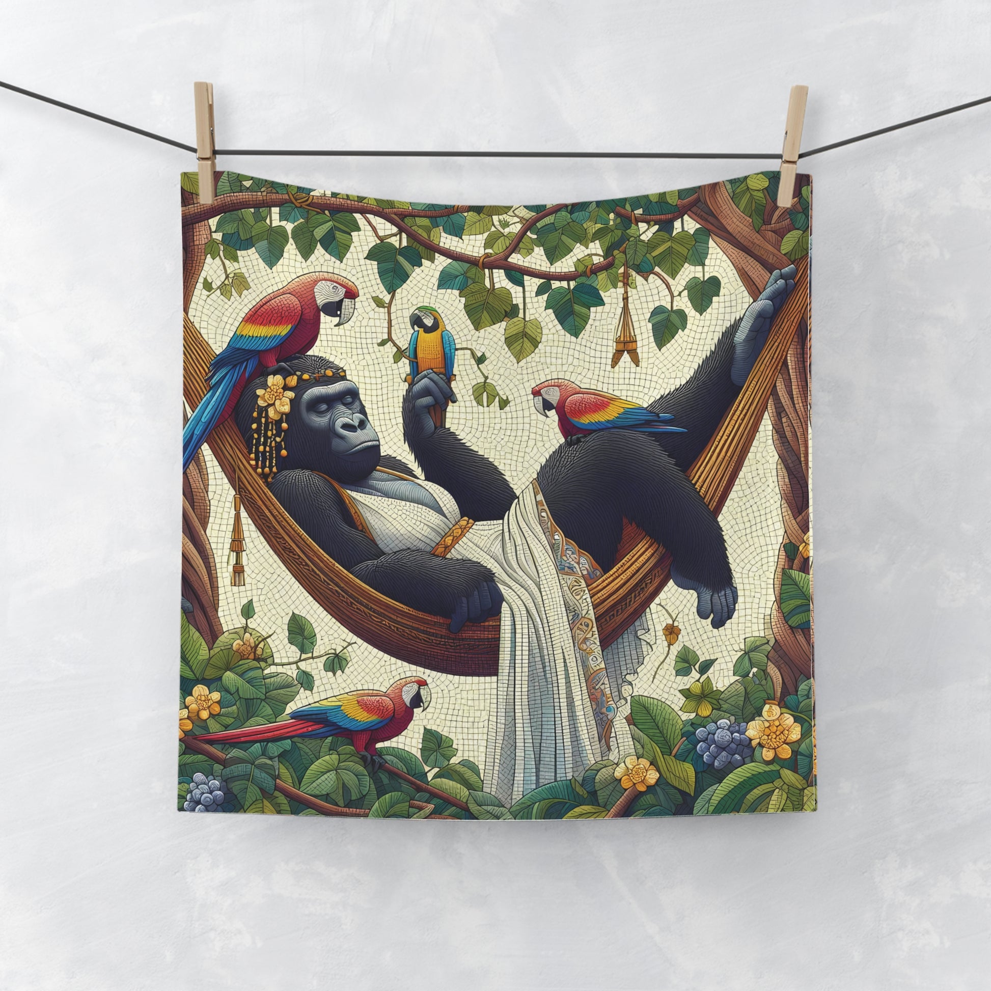 Our "Luxurious Jungle Retreat Gorilla Face Towel" features a mosaic-style gorilla lounging in a hammock, making this towel a stunning piece of nature-inspired art for your bathroom or outdoor space. Perfect as a gift for nature lovers or as a unique addition to your home deco. BUY NOW! (SK Superb)