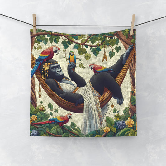Our "Luxurious Jungle Retreat Gorilla Face Towel" features a mosaic-style gorilla lounging in a hammock, making this towel a stunning piece of nature-inspired art for your bathroom or outdoor space. Perfect as a gift for nature lovers or as a unique addition to your home deco. BUY NOW! (SK Superb)