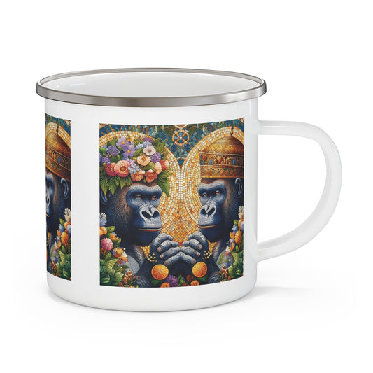 Celebrate love with our mosaic, whimsical design "Gorilla Lovers" Enamel Camping Mug, symbolizing marriage and unity. This mug is perfect for outdoor adventures or as a romantic gift for animal lovers and couples for weddings, anniversaries, or those who appreciate nature-inspired art. BUY NOW! (SK Superb)