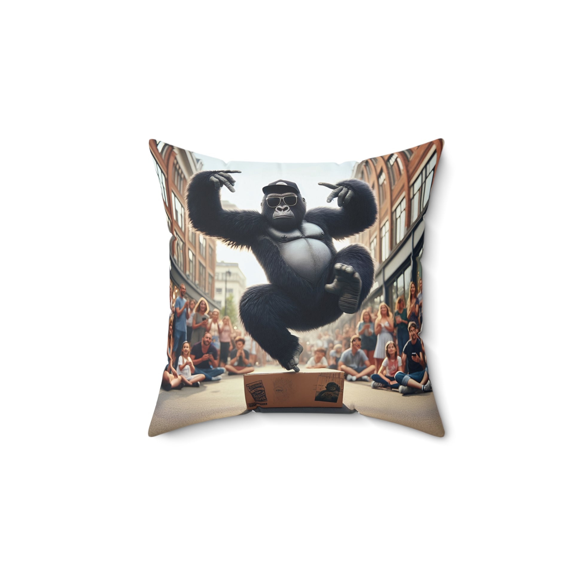 Elevate your living space with the vibrant Hip Hop Gorilla Street Performance Pillow. This eye-catching cushion features a cool gorilla breaking it down in the middle of a bustling street, surrounded by an admiring crowd. The perfect blend of humor and style to your home decor and a perfect gift too! (SK Superb)