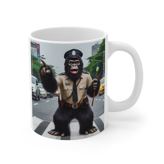 Start your day with a smile with our 11oz Gorilla Traffic Police Officer Mug directing traffic on a bustling city street. Perfect for animal lovers, law enforcement fans, and anyone who enjoys a touch of humor in their morning routine, this mug is both fun and functional. BUY NOW! (SK Superb)