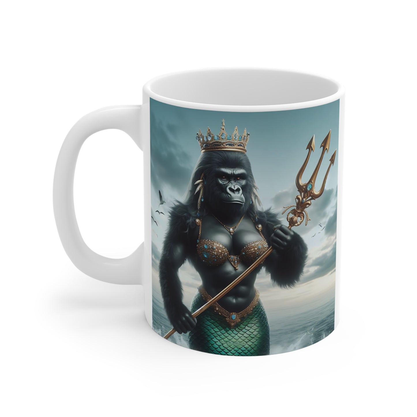 Majestic Gorilla Mermaid 11oz Mug - Ocean Queen with Trident