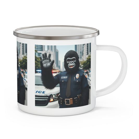 Salute to the dedication of human police officers with our playful and functional "Friendly Gorilla Police" enamel camping mug, proudly waving to you. A stylish mug while camping, hiking, travel. Ideal gift for police officers, law enforcement supporters, or anyone who loves humor and creativity. BUY NOW! (SK Superb)