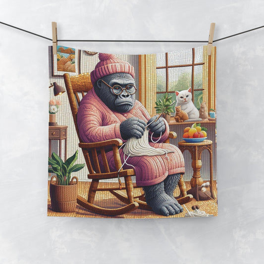 Grandma Gorilla Knitting Delight Face Towel – With Kitty Companion for Animal Lovers