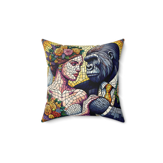 Celebrate the union of elegance and strength with the "Gorilla and Bride Mosaic Love Pillow". A pillow design of a gorilla and a bride in a loving embrace, a resemblance to human love. A perfect addition to your home decor with romance and devotion. Ideal for weddings, anniversaries and gifts. (SK Superb)