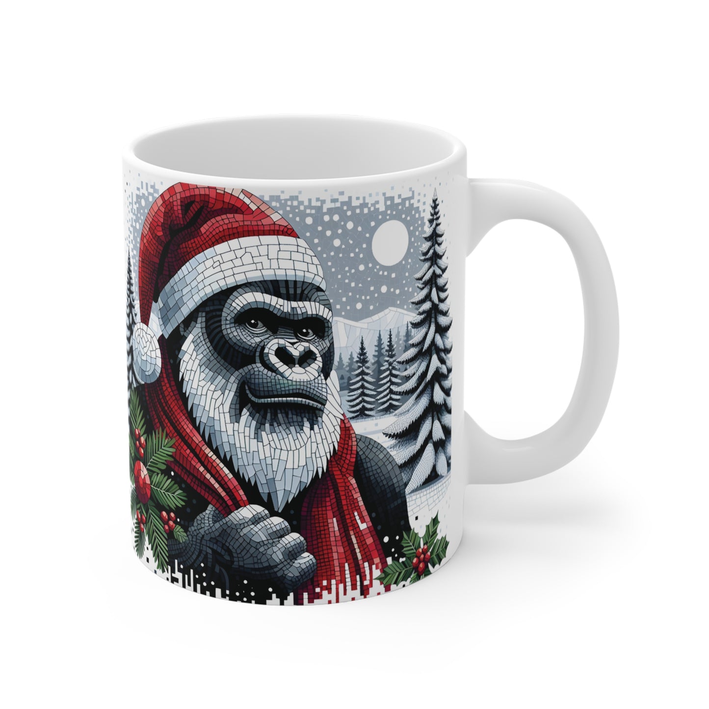 A fantastic gift for friends and family who love gorillas or unique Christmas-themed items with our mosaic style "Festive Gorilla Santa 11oz Mug". BUY NOW! (SK Superb)