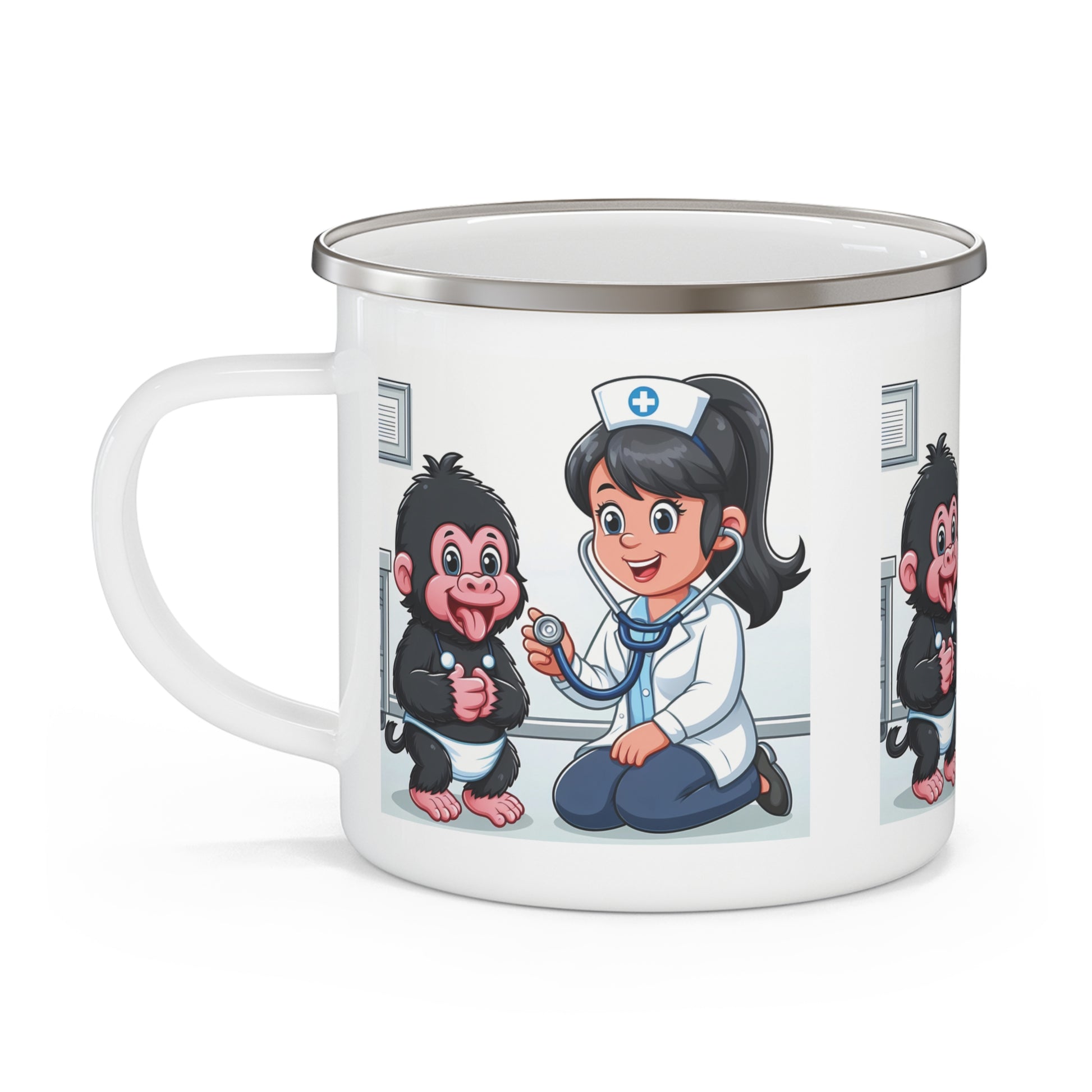 Healthcare Gift Cartoon Nurse & Baby Monkey Enamel Camping Mug