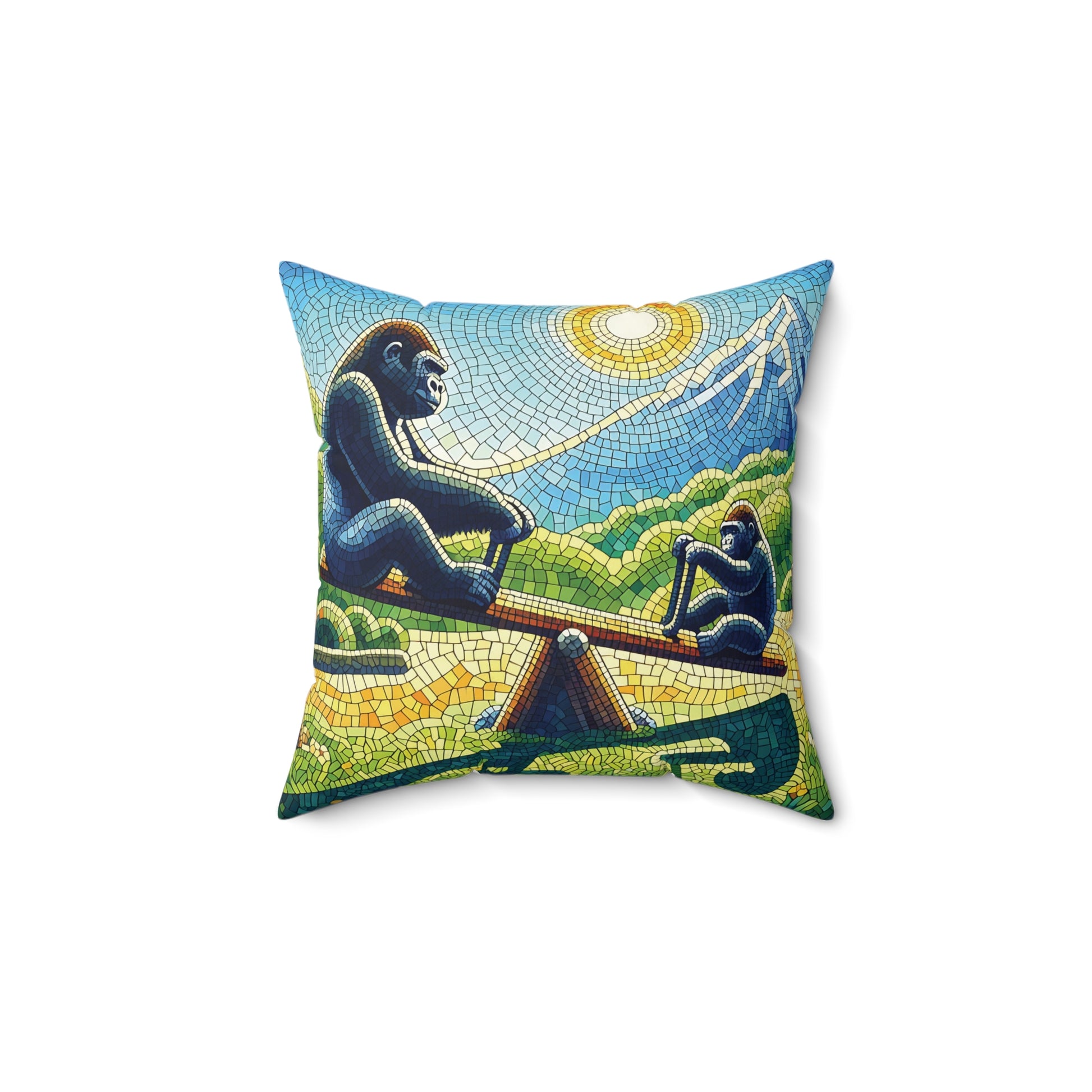 This "Mosaic Playful Gorillas on Seesaw Pillow" features two gorillas enjoying a sunny day on a seesaw, reminiscent of children at play. It captures the joy and innocence of childhood. Perfect for adding fun to home decor. BUY NOW! (SK Superb)