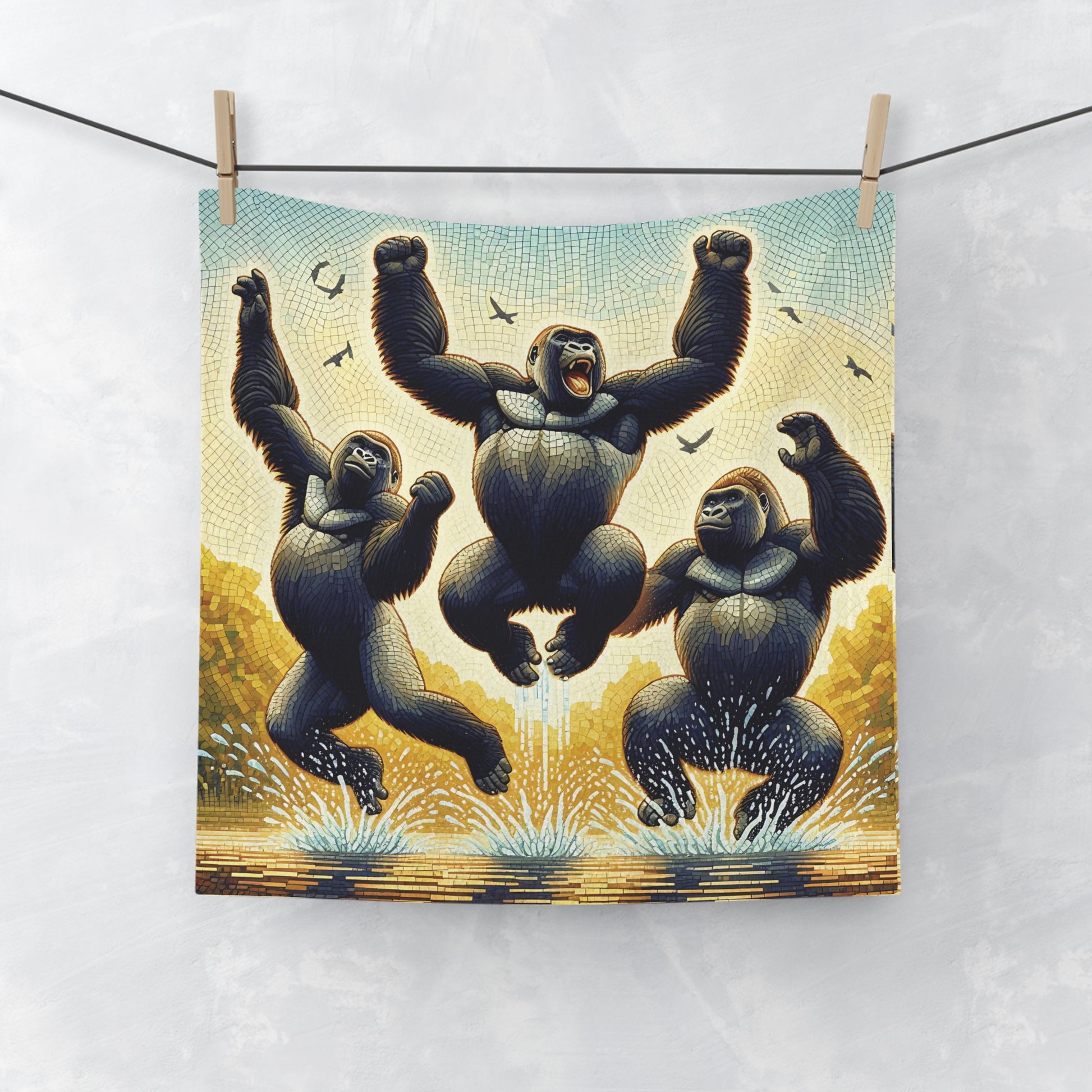 This functional mosaic art style towel captures the majestic presence of gorillas in a vibrant jungle setting. A thoughtful gift for animal and art lovers, who loves wildlife-inspired decor. Suitable for use as a face towel, guest towel, or decorative piece in your bathroom or gym bag. BUY NOW! (SK Superb)