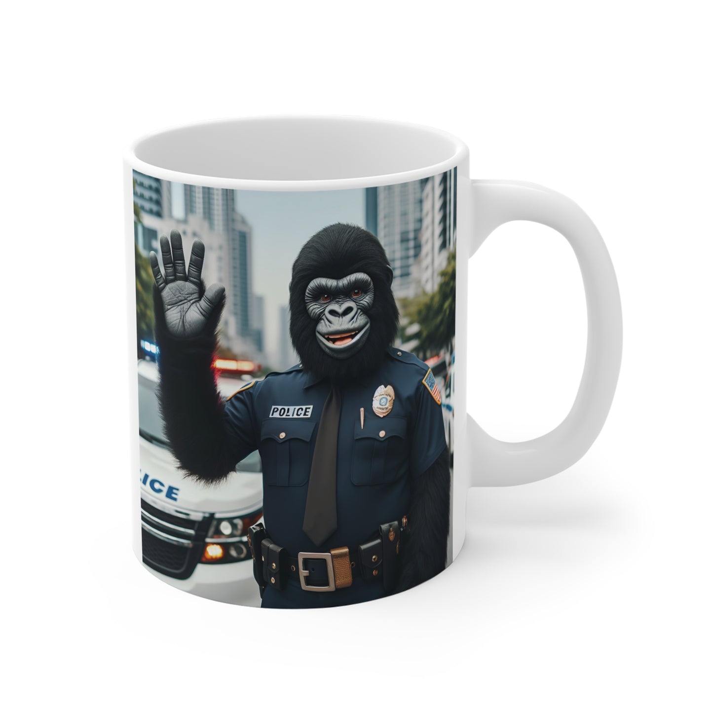 Our unique and humorous "Gorilla Police Officer" 11oz Mug is perfect for law enforcement professionals, police supporters, and anyone who loves a good laugh. This fun, quirky mug makes an excellent gift for birthdays, holidays, or any special occasion at the office or home. BUY NOW! (SK Superb)