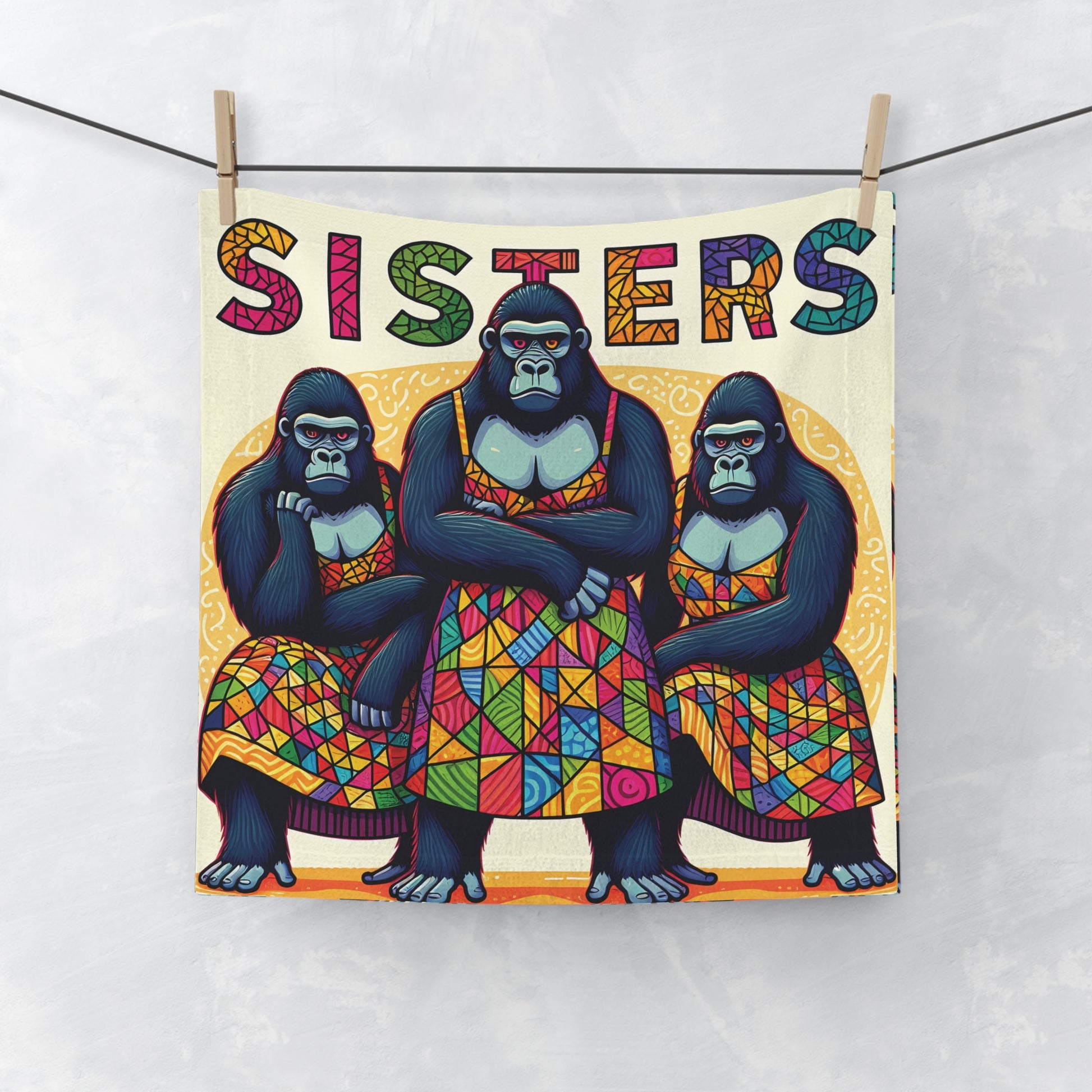 This "SISTERS" Gorilla Face Towel showcases sisterhood and strength. A mosaic design of creativity. A thoughtful and artistic gift towel for friends and family, who love animal-themed products. A towel suitable for home, gym, or travel. BUY NOW! (SK Superb)