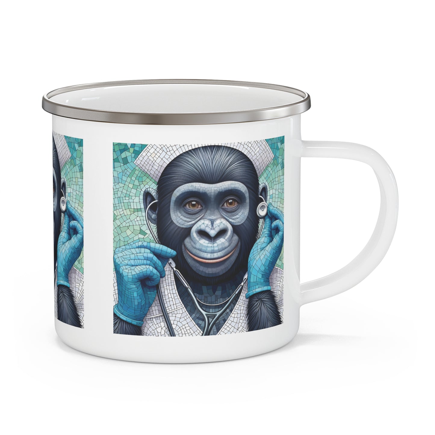 Our striking mosaic-style sweet happy gorilla nurse with a positive smile. A mug paying tribute to nurse contributions worldwide. Gift mug for nature, animal enthusiast, healthcare. Perfect for camping, hiking, and outdoor adventures or for home use. BUY NOW! (SK Superb)