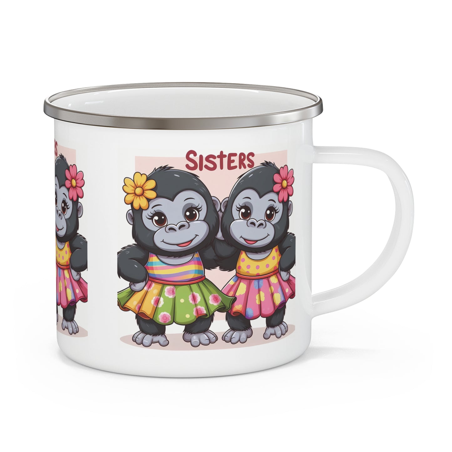 Celebrate sisterhood with this adorable cartoon "Sisters Forever" enamel camping mug. A perfect mug for outdoor adventures or cozy moments at home. This unique gorilla-themed mug makes a thoughtful gift for sisters, friends, or gorilla lovers. BUY NOW! (SK Superb)