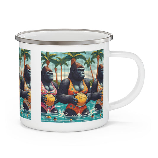 Enjoy your outdoor adventures with the "Female Gorilla Water Polo Champion" Enamel Camping Mug. Perfect for camping, hiking, or any outdoor activity. It's both stylish and functional. This quirky mug makes a great gift for animal lovers, water polo fans, and outdoor enthusiasts. BUY NOW! (SK Superb)