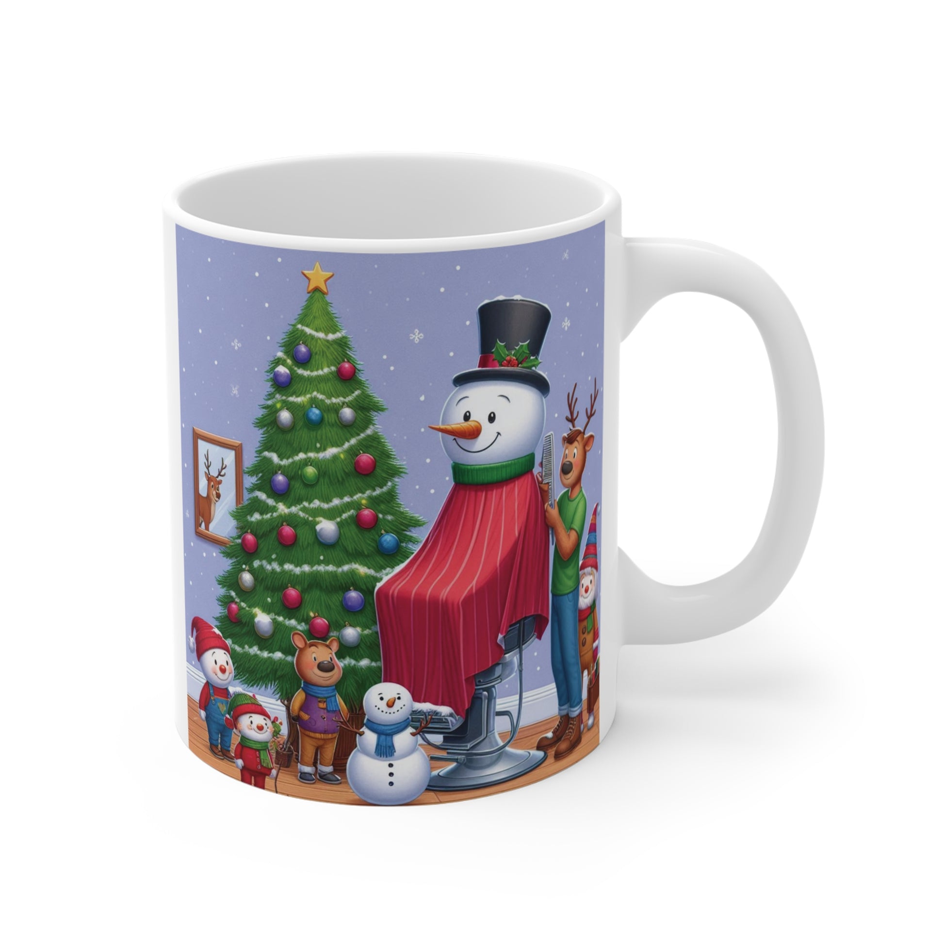 Add holiday cheer with this Christmas mug of a snowman getting a haircut from a reindeer barber. A delightful addition to your holiday décor or a unique gift. 