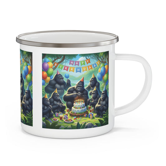 Celebrate in style with this "Happy Birthday Gorilla Party" Enamel Camping Mug! This mug is perfect for animal lovers and outdoor enthusiasts. Ideal for camping trips or daily use. A playful birthday gift for anyone who enjoys adventure and fun designs. BUY NOW! (SK Superb)