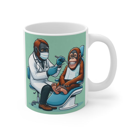 Our delightful "Cartoon Orangutan Dentist and Patient" 11oz Mug showcases the similarity between human dental practices and our primate cousins. Ideal gift for dental professionals, animal lovers, and anyone who enjoys unique and fun designs. Perfect for home, office, or dental clinic use. BUY NOW! (SK Superb)