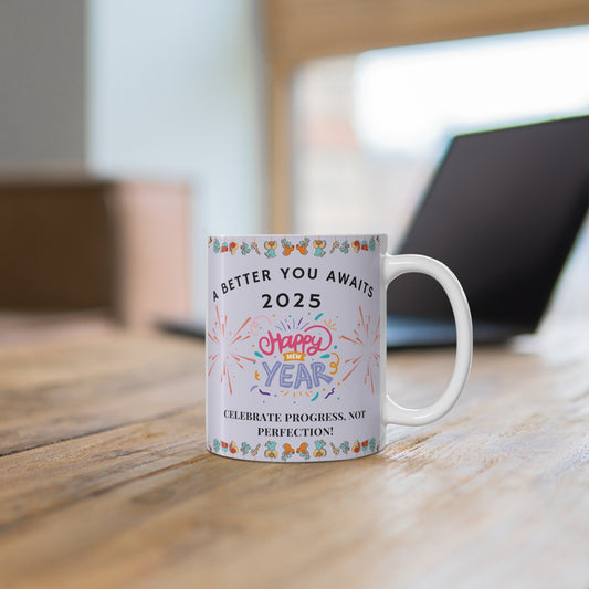 Start 2025 with positivity using our 'A Better You Awaits' 11oz New Year Mug, a daily motivation boost. A cheerful companion mug with style and purpose! BUY NOW