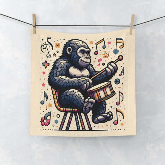 A mosaic-style face towel of a gorilla playing drums with a human-like posture and enthusiasm. A creative and entertaining gift for music lovers, drummers, animal enthusiasts and fans of whimsical art. Perfect for everyday use at home, the gym, or the beach. BUY NOW! (SK Superb)